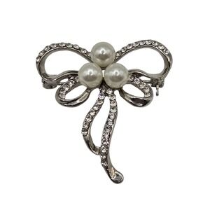 Bow Brooch Pin Women Silver Tone Faux Pearl Rhinestone Ribbon Coquette